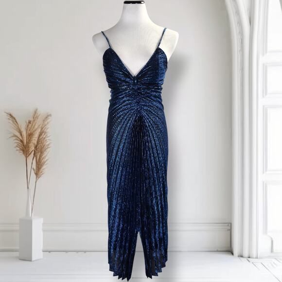 Vintage 80s Blue Metallic Pleated Ruched Disco Midi Dress Spaghetti Size S - Picture 1 of 16